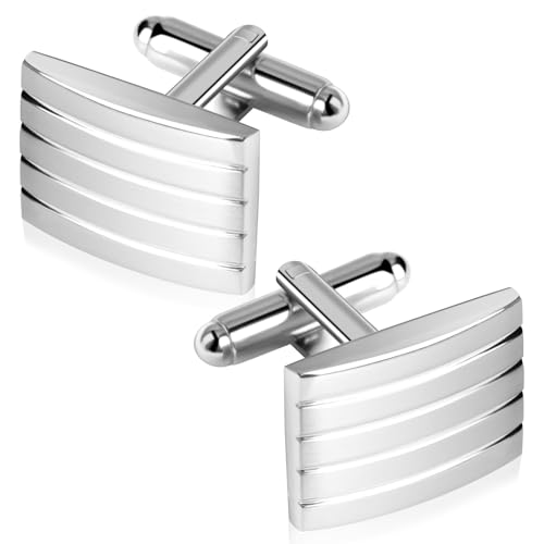 Cncedi - Cncedi Mens Cufflinks, Silver Rectangle Classic Cufflinks Striped Cuff Links - -12%