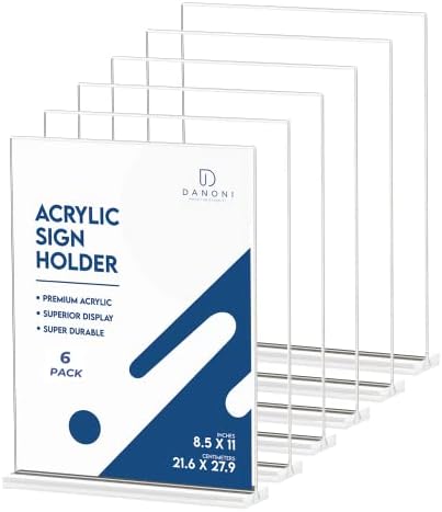 Danoni Clear Acrylic Sign Holder - 6Pack 8.5x11'' Flyer Document Brochure Display Holder with Double Sided Display for Office Desktop - Plastic Menu Stands Plastic Paper Holders for Restaurant Tabletop