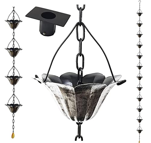 LEPTALINA 8.5FT Lotus Antique Silver Color Iron Rain Chains for Gutter and Rain Barrel | Rust-Resistant Plated Garden Décor Rain Chain for Downspout | Bonus Rain Chain Gutter Adapter