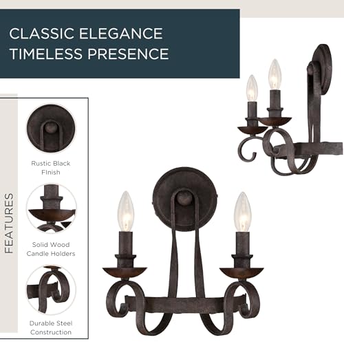 Image of Quoizel Noble 14 inch Traditional Wall Sconce, Rustic Black | 2-Light, Solid Wood Accents, Old World European Style, E12 Bulb