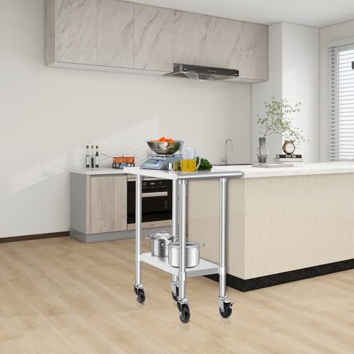 Image of HARDURA Stainless Steel Commercial Table Prep & Work Table with Casters Heavy Duty Metal Table with Wheels NSF 430 30x18 Inches