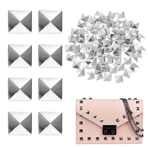 Healifty 100 tachuelas de cobre con parte trasera plana, tachuelas de cuero con parte trasera plana, tachuelas de pegamento para bolsas de manualidades, plata y plata, aretes de pirámide cuadrados