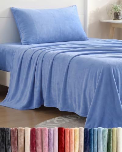 Image of Fleece Sheets Twin Size Set - 3-Piece Velvet Flannel Sheet Set - Vista Blue