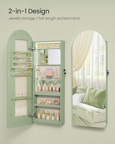 Image of SONGMICS Wide Jewelry Organizer, LED Jewelry Cabinet Wall /Door Mounted, Arched Mirror with Storage, Lockable, Rounded Corner, Interior Mirror, 3.9 x 16.5 x 42.5 Inches, Laurel Green UJJC020C01S