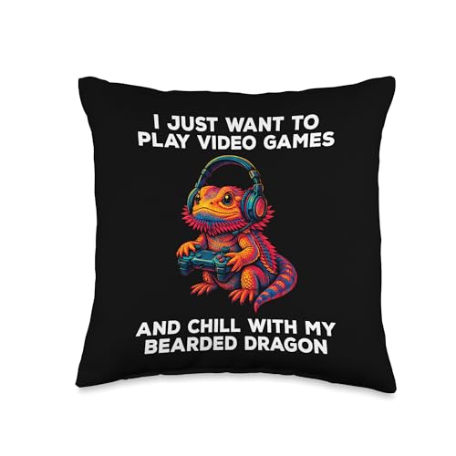 I Just Want to Play Video Games Funny Gamer Bearded Dragon Throw Pillow