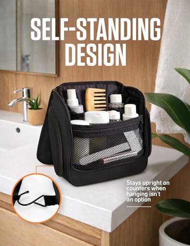 Image of VENTURE 4TH Hanging Travel Toiletry Bag, 18 Compartments - Black | Hangs on rails, hooks or doors; stands upright. Removable TSA pouch. Water-resistant Nylon 290D Twill, reinforced stitching.