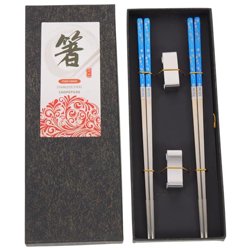 MUCKLILY Reusable Stainless Steel Chopsticks Set with 2 Blue-silver Pairs and 2 Household Chopstick Rests, Multi-function Dinner Accessories for Daily Use and Tableware Set