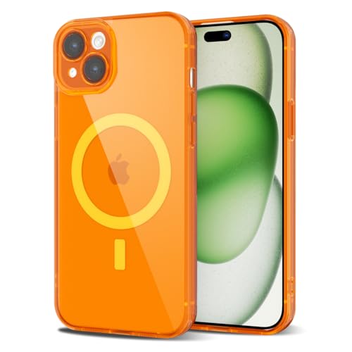 Svanove for iPhone 15 Case Clear Compatible with Magsafe, Fluorescent Transparent Magnetic Magnet Mag Case, Slim Thin Bright Silicone Grip & Shockproof Bumper Camera Cover, Neon Orange