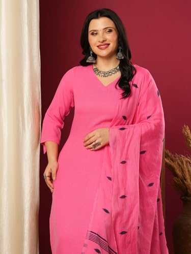 Image of GoSriKi Women's Rayon Blend Solid Straight Kurta with Pant & Dupatta