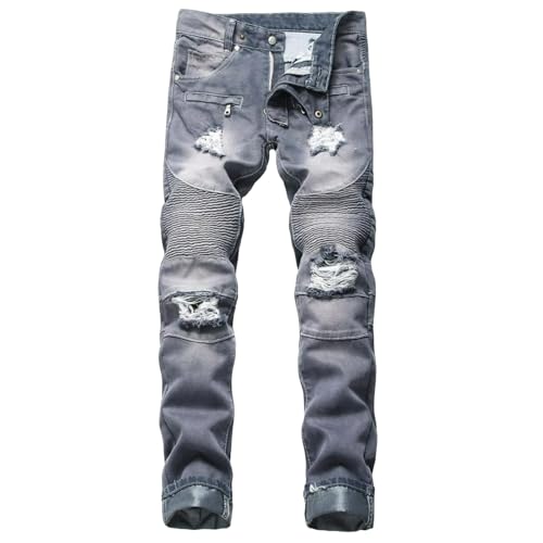 Jeans Pants Trouser Denim Retro Ripped Distressed Worn Hole Trendy Street Stretch Slim Fit Personalized Casual Straight Leg for Men(Blue,33)