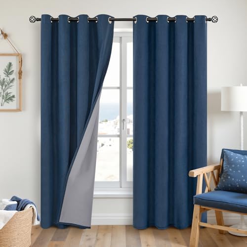 YoungsTex Navy Linen Blackout Curtains for Bedroom, Dark Blue Thermal Insulated Drapes with Grommet Privacy Protection for Living Room Window Treatments, 2 Panels, 52 X 84 Inch