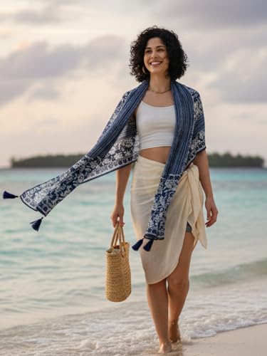 Image of KE KANHA EXPORTS Scarf for Women Premium Cotton Boho | Dual Tone Border Print Stole with Tassels | Lightweight Summer Beach Wrap 180 x 50 cm FREE Scrunchie Included