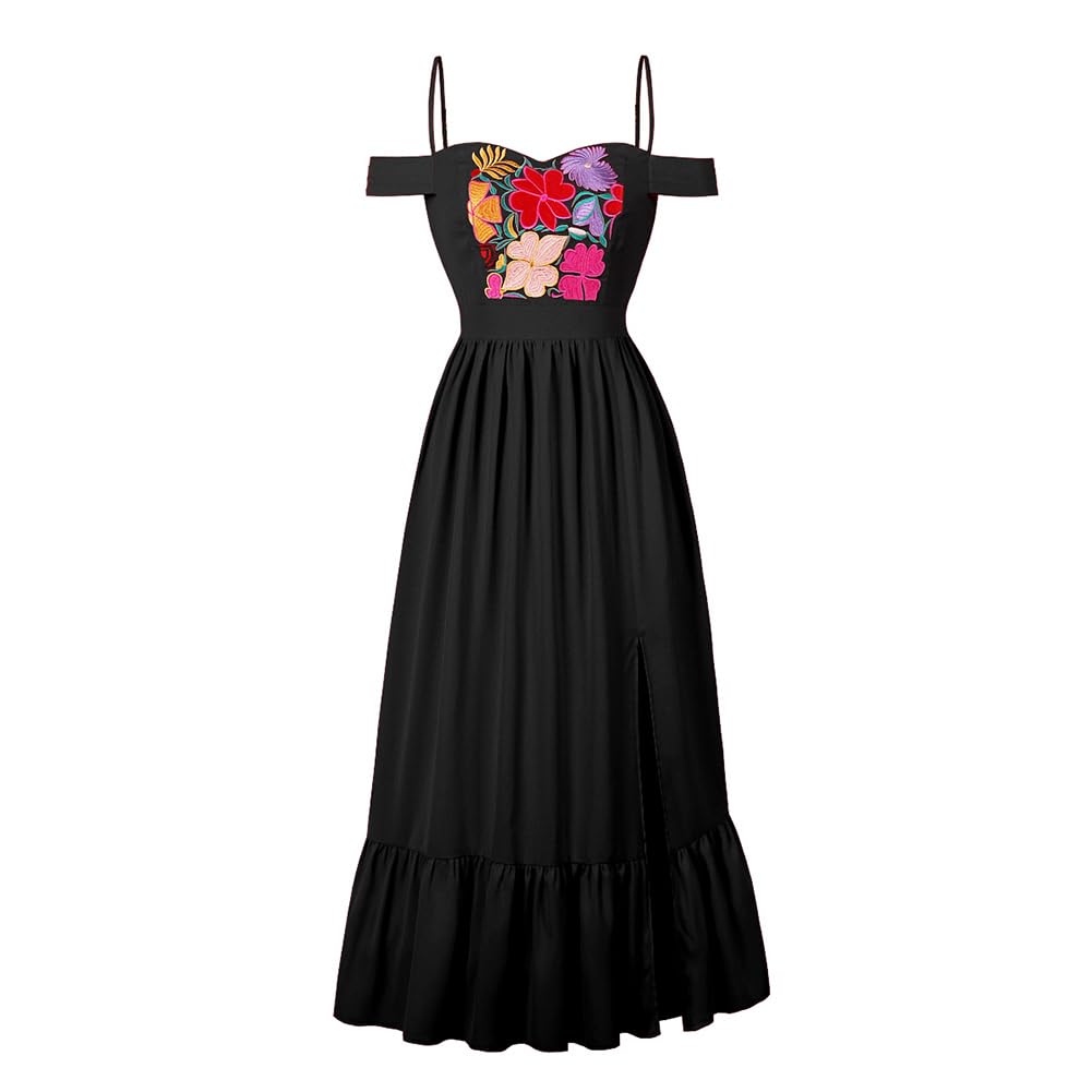 Mexican Dress for Women Off the Shoulder Floral Embroidered Ruffle Maxi Dress Summer Boho…
