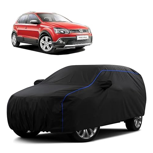 Image of Sulfar 100% Water Resistant Car Body Cover Compatible with Mirror for Volkswagen Polo Cross (Triple Stitched, Full Bottom Elastic, Black Tafetta with Blue Piping)