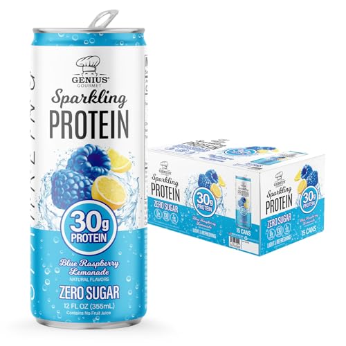 Genius Gourmet Clear Protein Sparkling Water Blue Raspberry Lemonade - 30g Clear Sparkling Protein, Zero Sugar, Low Carb, Lactose Free, Non GMO - Ready to Drink Flavored Sparkling Water - 15 Pack