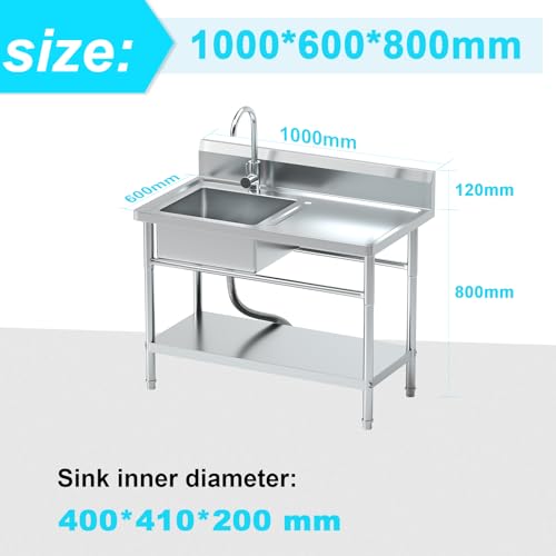PurezmMoto Free Standing Stainless-Steel Single Bowl, Commercial Restaurant Kitchen Sink with Set w/Faucet & Drainboard Hot and Cold Water Plumbing Workbench & Storage for Garage, Restaurant, Laundry - Thumbnail 2