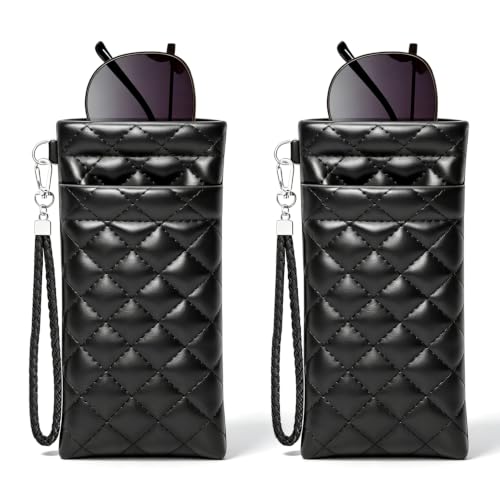 Image of Double Eyeglass Case Squeeze Top Glasses Pouch, Leather Soft Sunglasses Case with Carrying Strap