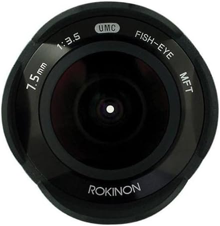 Mberi view of the Rokinon 7.5mm F3.5 Fisheye Lens in silver, showcasing the wide-angle front element and built-in hood.