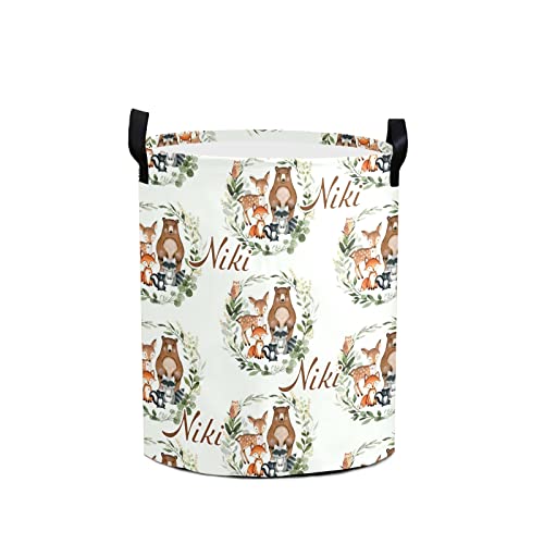 Greenery Woodland Forest Animals Laundry Hamper Personalized With Name Canvas Waterproof Storage Bin With Handle For Kids Nursery Hamper Gift Baskets Home Organizer #TOP24