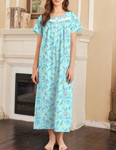 Image of Ekouaer Nightgown for Women Cotton Long Night Gown Short Sleeve Nightdress with Pockets Button Sleepshirt Soft Sleepwear