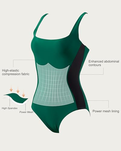 SUUKSESS One Piece Swimsuit for Women Slimming Tummy Control Square Neck Color Block Lace Up Back Bathing Suit for Women 2025(Green and Black，Small) — view 4
