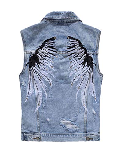 Image of Idopy Men`s Retro Ripped Denim Jeans Vest Sleeveless Jacket (Small, Blue Wings)