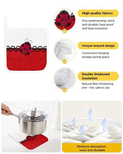 Pot Holders Set Of 2 Pcs Heat-Resistant Hot Pads Mats With Hanging Loop, Valentine's Day Ladybug And Black Lace Polka Dot Red And Love Texture Washable Potholder For Cooking Kitchen, 8.26"X8.26" #TOP1