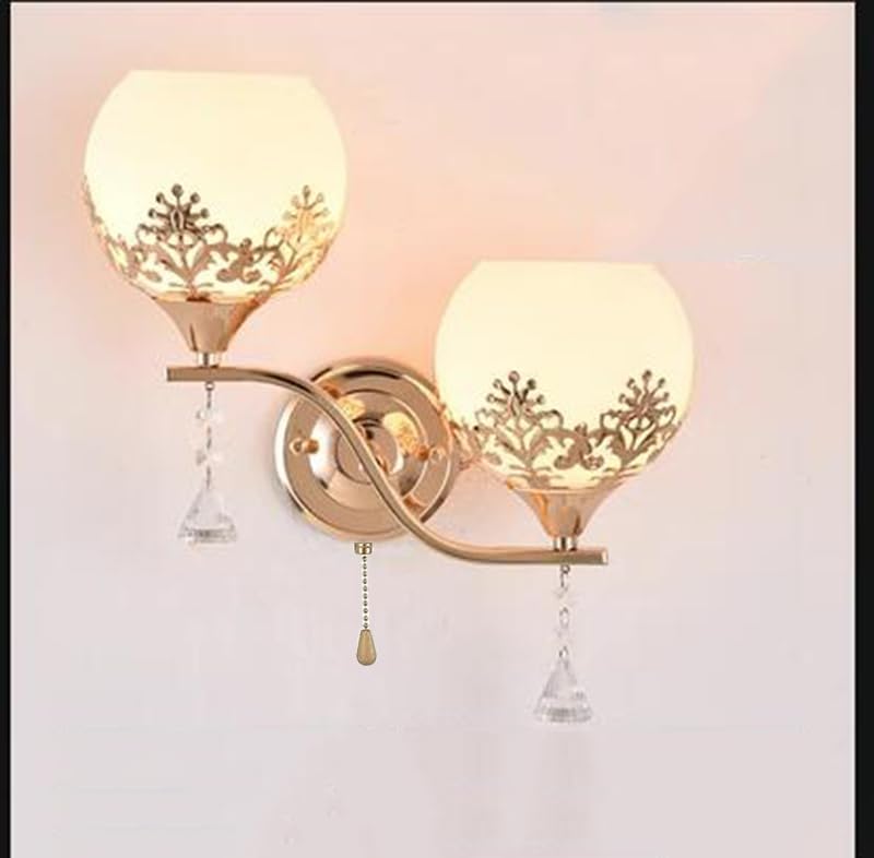 2-Head Pull Chain Wall Lamp E27 Metal Glass Shade for Bedside Lamp/Living Room/Wall Sconce/Stair Lamp, Gold Color