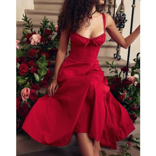 Image of Floral Corset Midi Dress Square Neck A Line Dress with Slit | Square neck floral midi dress with front tie bust wide straps A-line skirt side slit and lightweight fabric