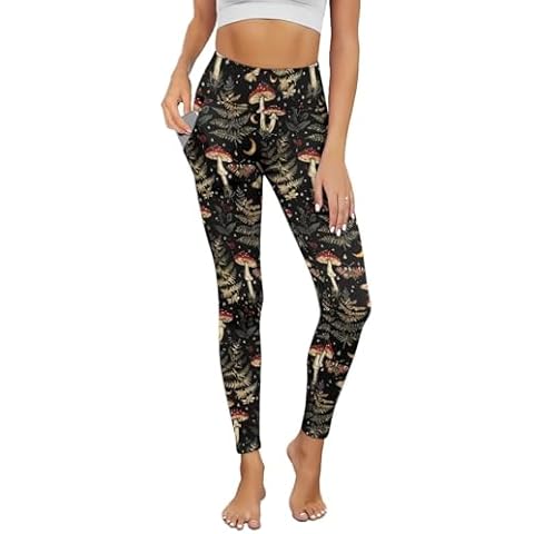 ELEDIZI Mushroom Leggings for Women 3XL Short Yoga Pants for Women Petite Length with Pockets Workout Leggings for Women Tummy Control Plus Size High Waist Gym Butt Lifting Tights,Black Cover