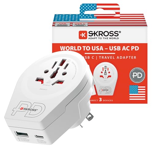 SKROSS World to USA AC20PD Travel Adapter, With 1 Type C And 1 Type A Port, Fast Charging, Power Delivery, Shock Protection