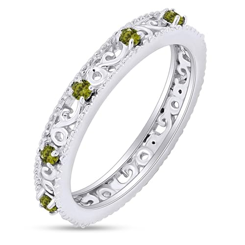 Filigree Eternity Wedding Band Ring for Women Peridot 925W Silver,7.5