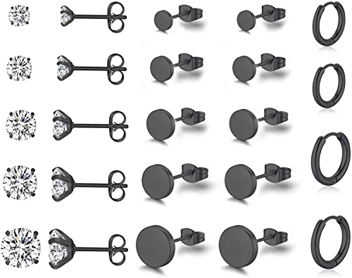 KANOUE 12 Pairs Stainless Steel Small Stud Earrings For Women Multipack,Cubic Zirconia Earrings Set Black Stud Earrings For Girls,Hypoallergenic Earrings For Women Hoop Earrings Men