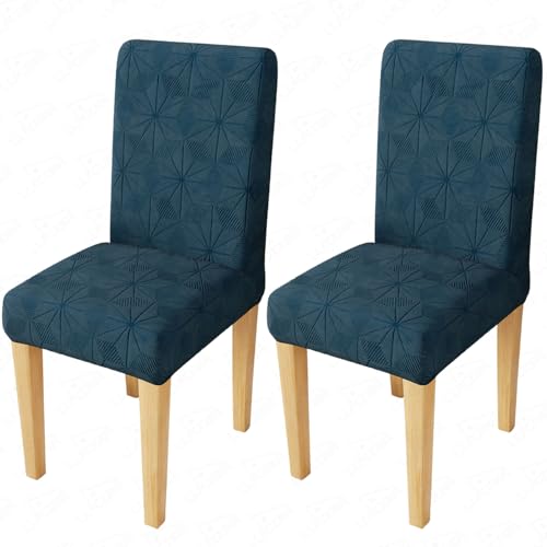 Image of Lukzer Elastic Dining Chair Cover - 2PC Pastel Marine Blue Starlight | Textured High Stretch Jacquard Seat Cover | Removable Washable Short Dining Chair Cover Protector Seat Slipcover | (CC-146-2)