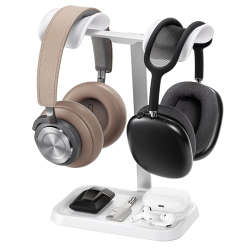 QinCoon Doppio supporto per cuffie, doppio bilanciato supporto per cuffie per scrivania (bianco)