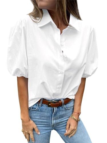 LAYOGAS Womens Short Puff Sleeve Tops V Neck Collared Button Down Shirt Dressy Casual Blouse T Shirt