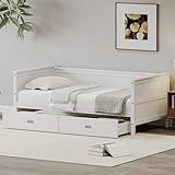 SOFTSEA Mid-Century Wood Daybed with Storage, Twin Size Daybed with 2 Storage Drawers, Solid Wood Daybed Frame Low for Kids Teens Guests, Twin Storage Bed for Living Room, Bedroom, White