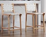 Kmax Counter Height Bar Stools 23.5 Inch Farmhouse Bar Stools Faux Leather Woven Straps with Wood Legs Footrest for Kitchen Island, Set of 2- White