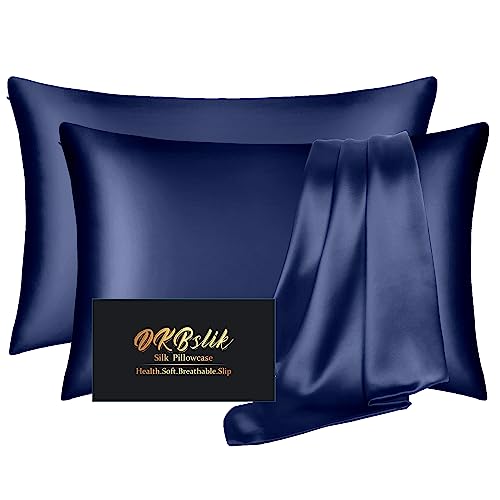 Image of Silk Pillow Cases 2 Pack, Mulberry Silk Pillowcases Standard Set of 2, Smooth, Anti Acne, Beauty Sleep, Both Sides Natural Silk Satin Pillow Cases for Women 2 Pack with Zipper for Gift, Navy Blue