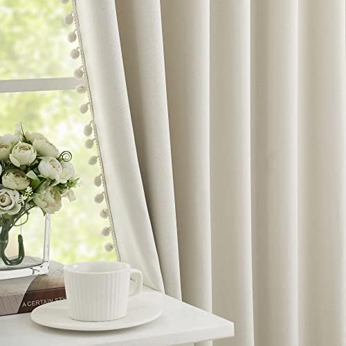 Pom Pom Ivory Blackout Curtains for Living Room 90-inch Drop Bedroom Light Blocking Beige Curtains Energy Saving Triple Weave Full Blackout Window Treatment Sets for Men's Guest Room, 50" w 2pcs