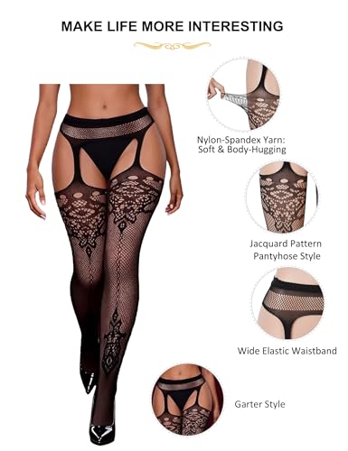 Image of Fishnet Thigh High Garter Stockings Patterned Tights for Women Breathable Stretch Suspender Pantyhose XS-5XL