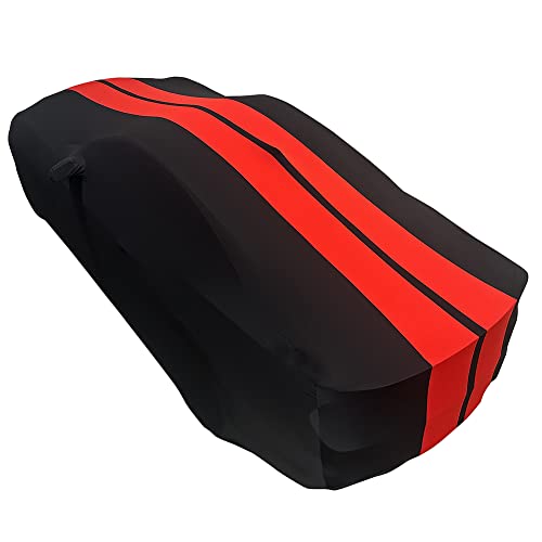 Image of SR1 Performance USA Mustang Indoor Car Cover 2005-2024 - Ultraguard Stretch Satin Custom Fit, Dust Cover, Breathable Scratch-Resistant Sport Series Stripe (Black /Red)