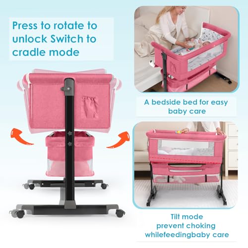 Image of YADAQE Baby Bassinet, Baby Basinet Bedside Sleeper, Easy to Fold Portable Crib Side Bassinet 2025new Style Girl /boy bassinets (Pink)