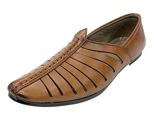 Step n Style Mens Breathable Comfort Fashion Loafers Sherwani Shoes Indian Flat Ethnic Tan