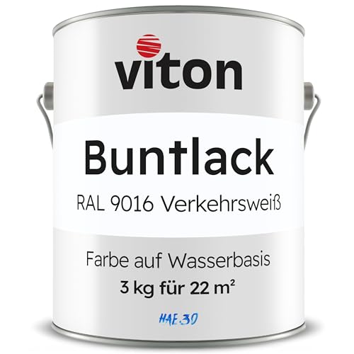 Viton Buntlack 3 Kg Weiss - Seidenmatt - Wetterfest für Außen und Innen - 3in1 Grundierung & Lack - HAE 30 - Nachhaltige Farbe auf Wasserbasis für Holz, Metall & Stein - RAL 9016 Verkehrsweiss