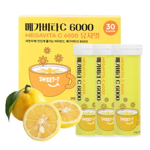 Korean Food Everteen MegaVita C3000 Effervescent Drink – Citrus-Flavored Fizzy Beverage Mix, 3,000mg Vitamin C per Tab, 2 Tabs Daily = 6,000mg, 10 Tabs × 3 Packs