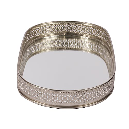 Image of Craft Brio -A TRENDY HANDICRAFTS Oval Glass Mirror Silver Plated Tray Decorative Vanity Perfume Storage Pooja Wedding Gifting Metal Laser Cutting Trays (28 X 16 cm)