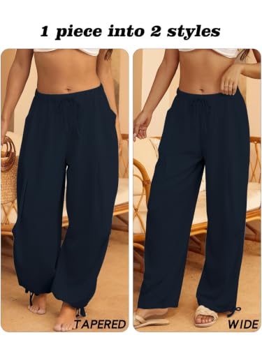 Image of Women's Linen Balloon Barrel Beach Pants Boho Harem Flowy Drawstring Casual Loose Pants with Pockets