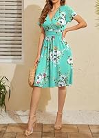 Actcat V-Ausschnitt Kleid Kurzarm Casual Kleider Sommerkleid mit Taschen | mit Taschen,Wrap,Elegant,a linie,Freizeitkleid,Floral Kleid,A1 Mintgrün Druck,S – Ansicht 3