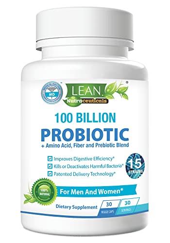 Probiotic & Prebiotic for Men And Women (100 Billion CFU) Adult Digestive Gut Health And Enzyme Support, Daily Probiotic 15 Multi-Strain Shelf Stable (30 Capsules) By Lean Nutraceuticals Md Certified